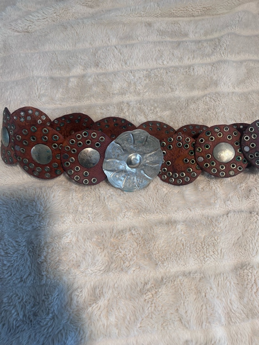 Boho Round Leather Concho Belt with Silver Medallions - Brown - Picture 3 of 6